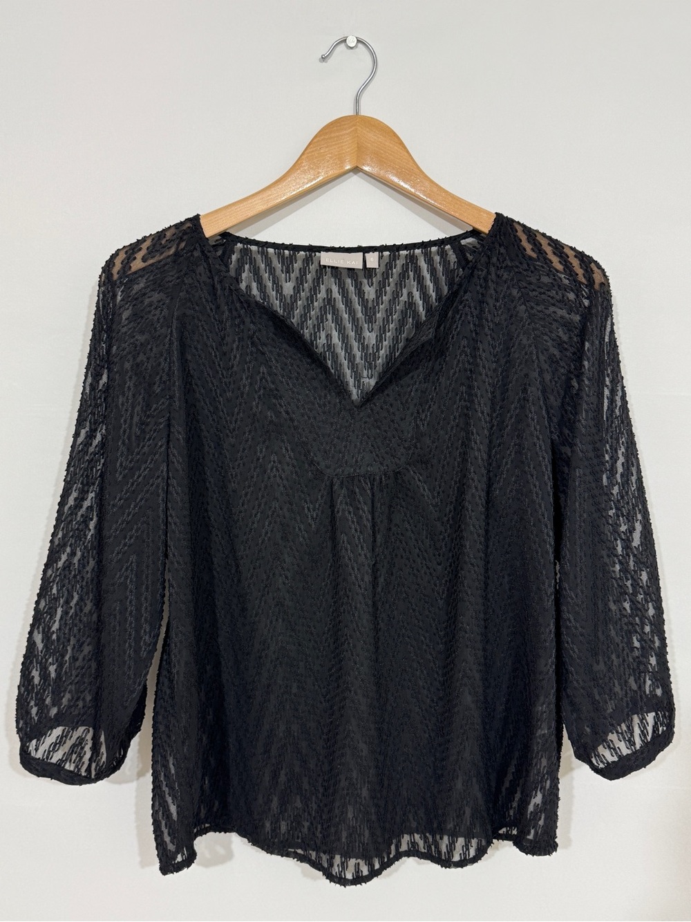 WSH96 {Ellie Kai} Black Sheer Chevron Embossed Pullover Blouse Shirt Top